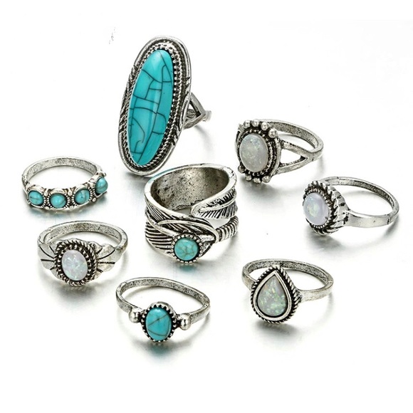 Jewelry - 8 Pc Boho Turquoise & Silver Ring Set NEW!!